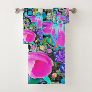 Stargazer Lily, Rose and Pink Hibiscus Collage Bath Towel Set