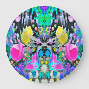 Stargazer Lily, Rose and Pink Hibiscus Collage Large Clock