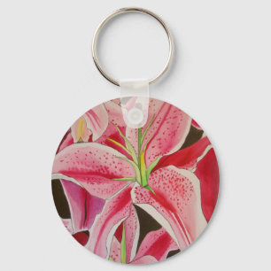 Stargazer pink lily watercolor art flower key ring