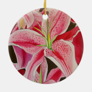 Stargazer Pink Lily watercolor original art flower Ceramic Tree Decoration