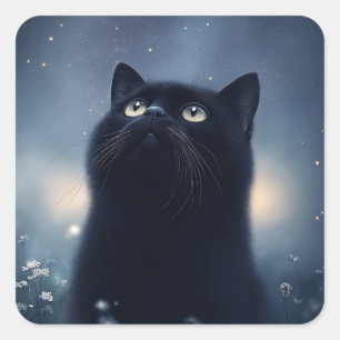 Stargazing Black Cat Under a Midnight Sky Square Sticker
