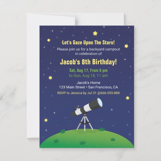 Stargazing Campout Astronomy Kids Birthday Invites (Front)