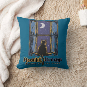 Stargazing Feline: Black Cat in a Magical Night Cushion