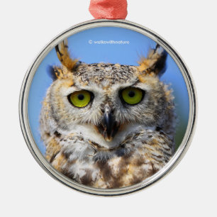 Staring Contest with a Beautiful Great Horned Owl Metal Tree Decoration