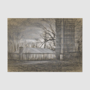 Stark Barn and Silo in Haunted Surroundings Tissue Paper