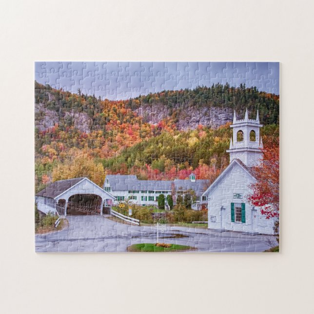 Stark New Hampshire covered bridge and church fall Jigsaw Puzzle (Horizontal)
