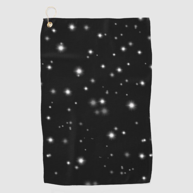 Starlight Sparkles Black and White Stars Golf Towel (Front)