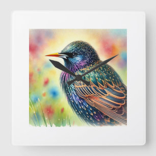Starling Bird 010924AREF142 - Watercolor Square Wall Clock