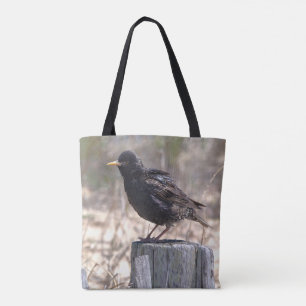 Starling on a Wooden Post Tote Bag