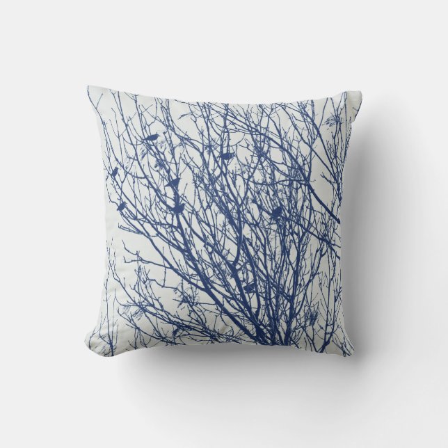 Starlings in a Tree - Cyanotype Effect Cushion (Front)