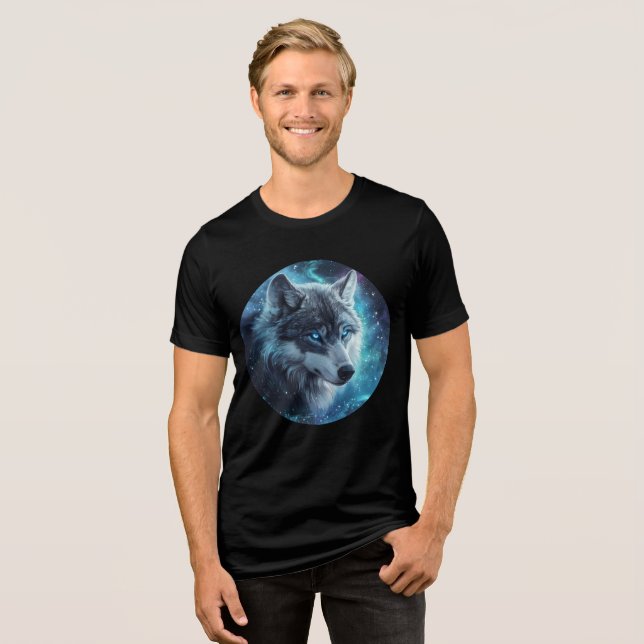 Starlit Blue-Eyed Wolf Galaxy Print Tri-Blend Shirt (Front Full)