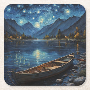 "Starlit Drift: Fishing Under the Cosmos Square Paper Coaster