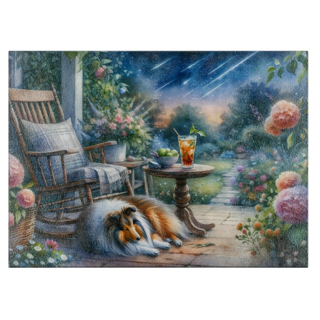 Starlit Garden Porch Sheltie Dream Cutting Board (Front)