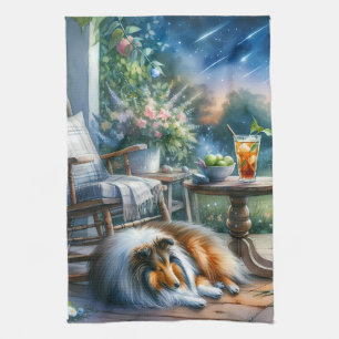 Starlit Garden Porch Sheltie Dream Tea Towel