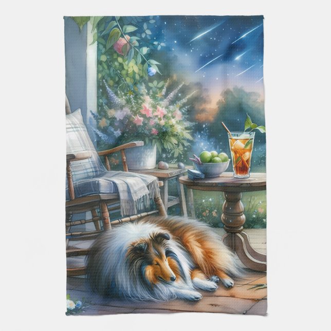 Starlit Garden Porch Sheltie Dream Tea Towel (Vertical)