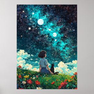 Starlit Reverie - A girl and her cat sit together Poster