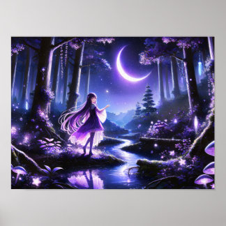 Starlit Wanderer in Mystic Forest girl among glowi Poster