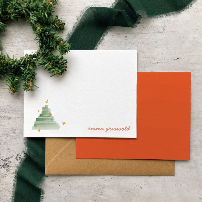 Starlit Watercolor Christmas Tree Holiday Card (Watercolor Christmas tree personalized note cards set.)