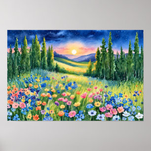 Starlit Wildflower Meadow at Dawn Poster