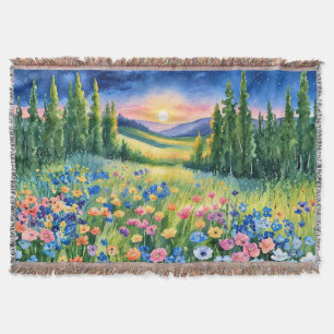 Starlit Wildflower Meadow at Dawn Throw Blanket