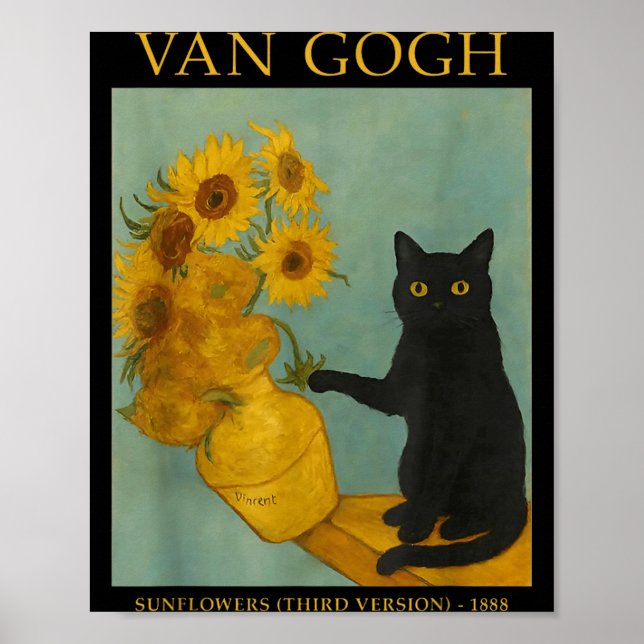 Starry Art Black Cat With Suowers Poster (Front)