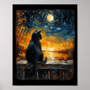 Starry Art Night Sky Art Black Cat Pumpkins Funny Poster