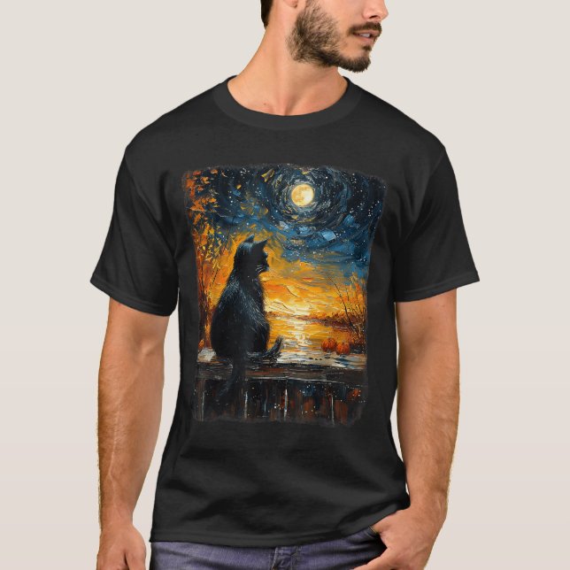 Starry Art Night Sky Art Black Cat Pumpkins Funny T-Shirt (Front)