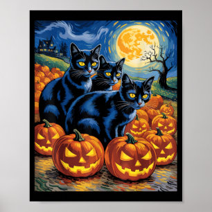 Starry Art Style Black Cats Halloween Pumpkin Poster