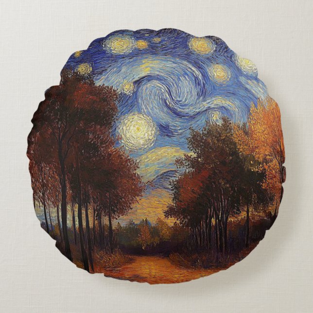 Starry Autumn Forest – Artistic Round Pillow (Front)