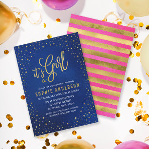 Starry Blue and Pink It's a Girl Baby Shower Invitation