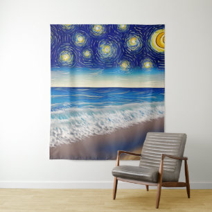 Starry Blue Beach Waves Tapestry