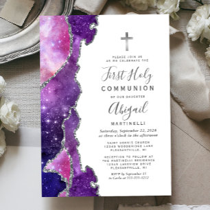 Starry Blue Pink Agate Silver First Holy Communion Invitation