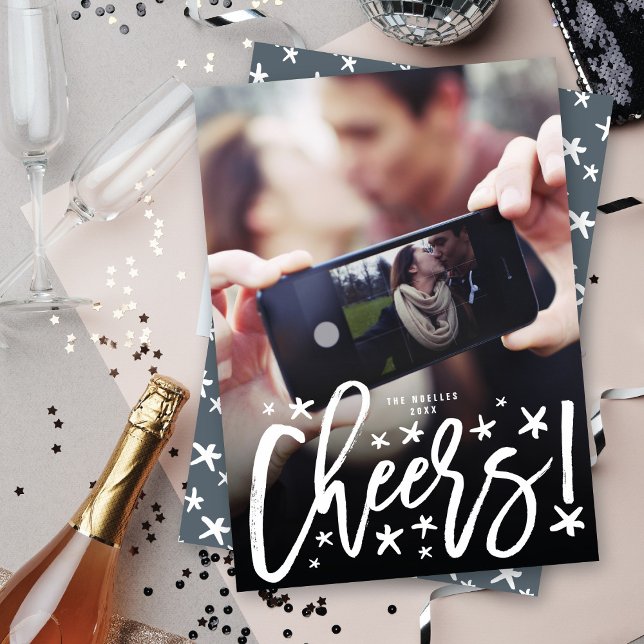 Starry Cheers Brush Script Modern New Year Photo Holiday Card (Creator Uploaded)