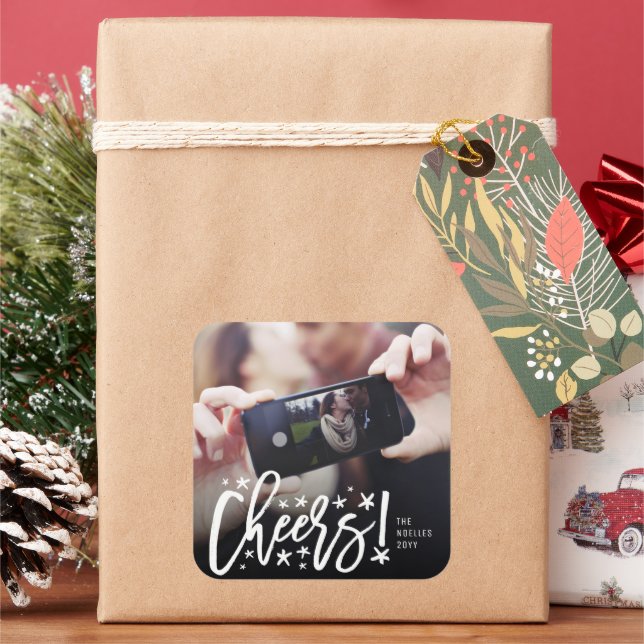 Starry Cheers Brush Script Modern New Year Photo Square Sticker (Holiday)