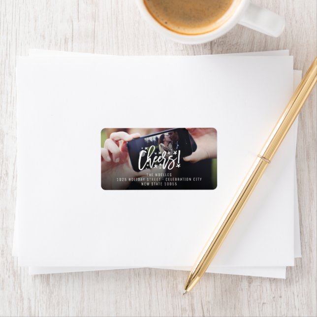 Starry Cheers Brush Script New Year Photo Address Label (Insitu)
