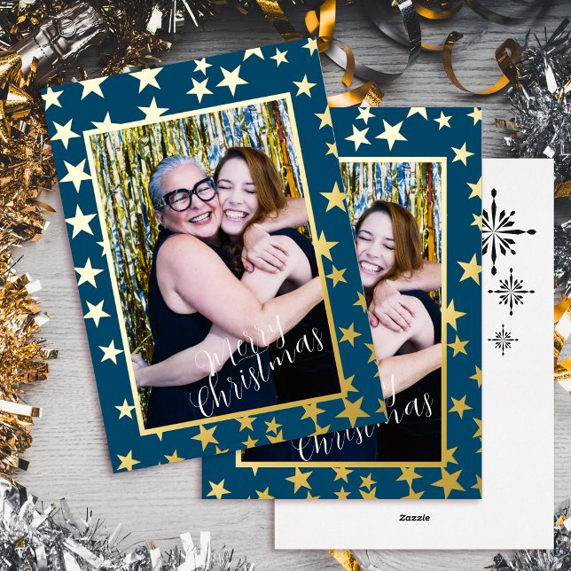 Starry Christmas Photo .  Foil Holiday Card (Starry Christmas Photo Dark Teal Foil Holiday Card)