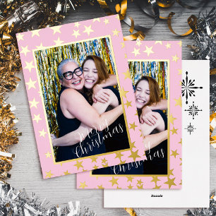 Starry Christmas Photo. Pink.  Foil Holiday Card