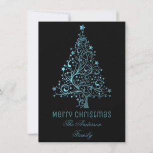 Starry Christmas Tree Black Blue Metallic Look Holiday Card