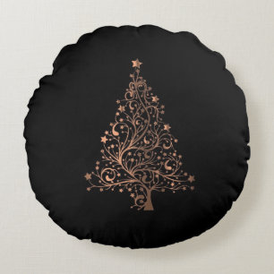 Starry Christmas Tree Black Brown Copper Elegant Round Cushion
