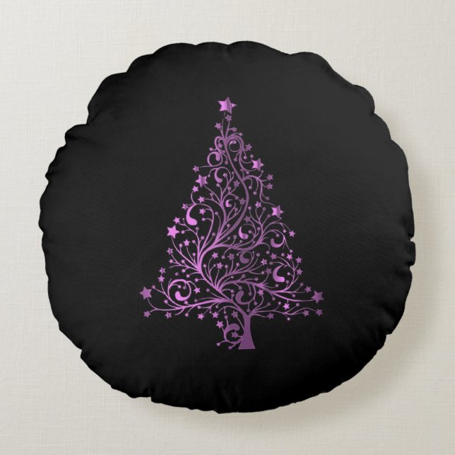 Starry Christmas Tree Black Pink Elegant Round Cushion (Front)