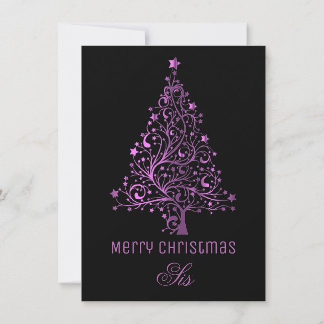 Starry Christmas Tree Black Pink Metallic Look Holiday Card (Front)