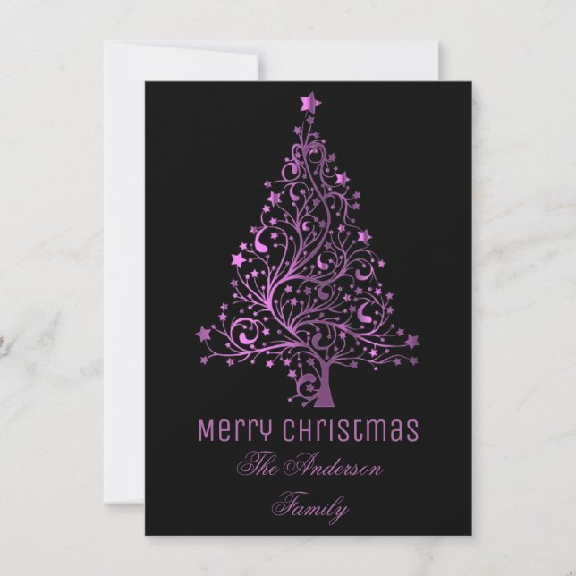 Starry Christmas Tree Black Pink Metallic Look Holiday Card (Front)
