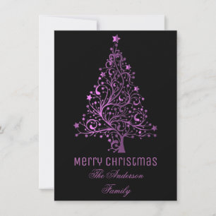 Starry Christmas Tree Black Pink Metallic Look Holiday Card