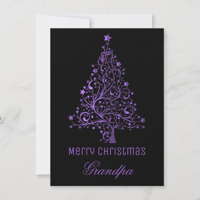 Starry Christmas Tree Black Purple Metallic Look Holiday Card (Front)