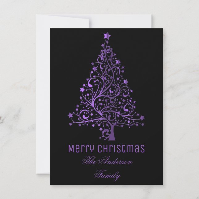 Starry Christmas Tree Black Purple Metallic Look Holiday Card (Front)