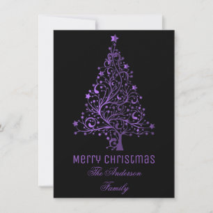 Starry Christmas Tree Black Purple Metallic Look Holiday Card
