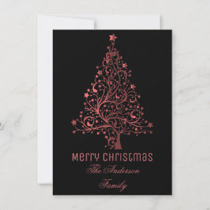 Starry Christmas Tree Black Red Metallic Look Holiday Card