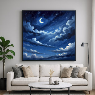 Starry Crescent Sky Poster - Illustration Style