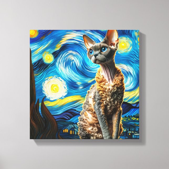 Starry Devon Rex Cat Portrait - Pet Portrait Canvas Print (Front)