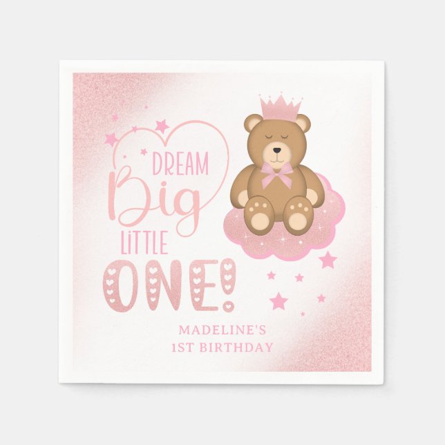 Starry Dream Big Little One Sleepy Bear Birthday Napkin (Front)